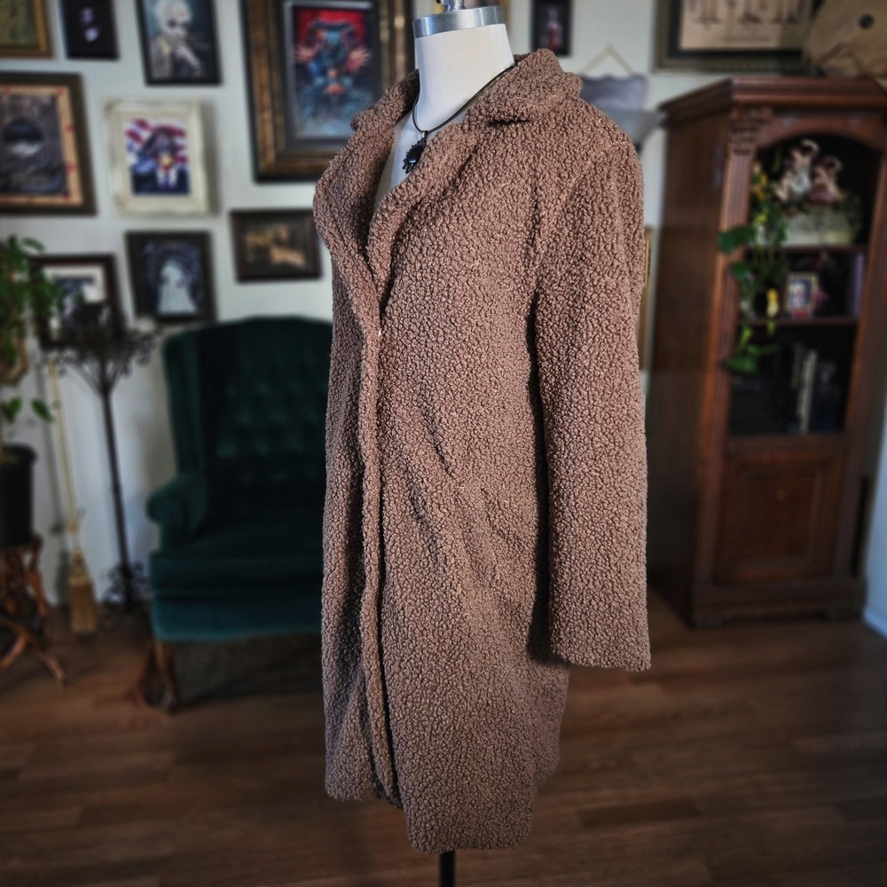 Stoosh Sherpa Teddy Jacket Coat Brown Womens Medium Long Fuzzy Winter Overcoat - Picture 5 of 7